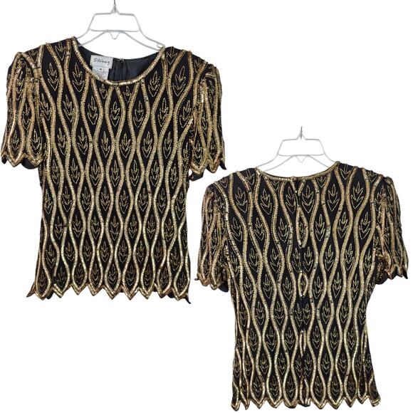 Stenay Black Gold Purple Silk Beads Sequins Vintage Top Shirt M - Picture 2 of 4